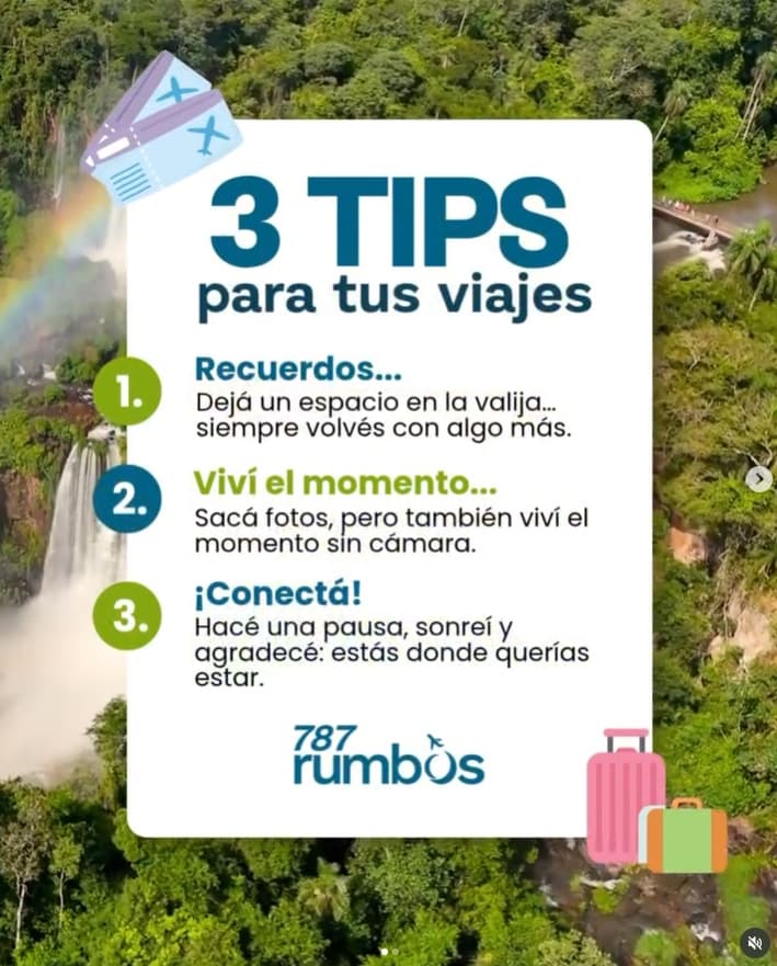 Flyer informativo con 3 tips para viajes por 787 Rumbos